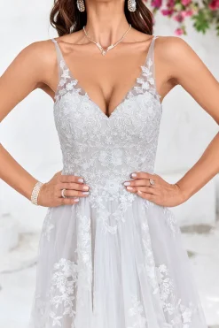Tule Backless Marfim Long A Line Vestido de Noiva com Bordado