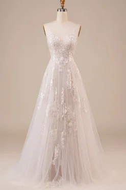 Tule Backless Marfim Vestido de Noiva Longo com Bordado