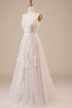 Tule Backless Marfim Vestido de Noiva Longo com Bordado