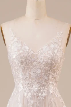 Tule Backless Marfim Vestido de Noiva Longo com Bordado