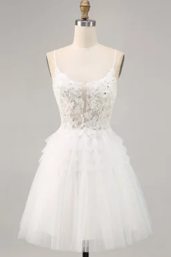 Tule Branco Um Vestido Homecoming Linha com Apliques