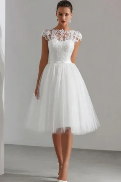 Tule Branco Uma Linha Midi Ensaio Vestido de Jantar com Renda