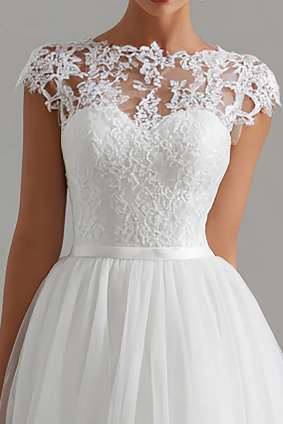 Tule Branco Uma Linha Midi Ensaio Vestido de Jantar com Renda