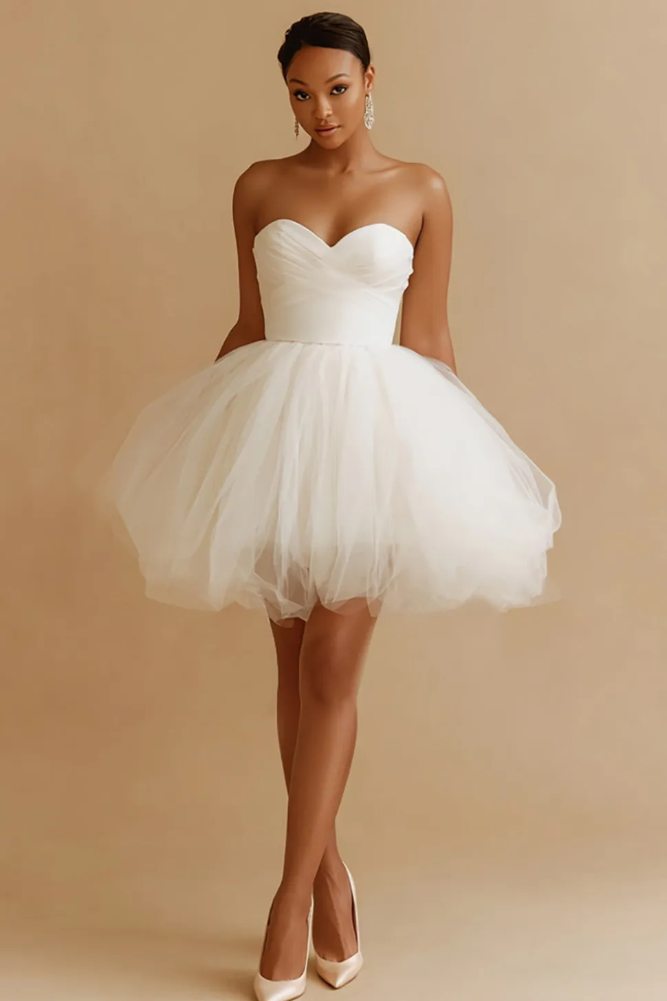 Tule Branco Uma Linha Querida Vestido de Noiva Curto