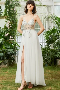 Tule Cintas de Espaguete Branco Vestido de Festa
