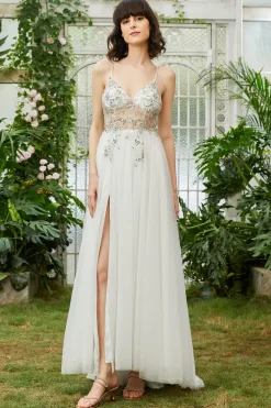 Tule Cintas de Espaguete Branco Vestido de Festa