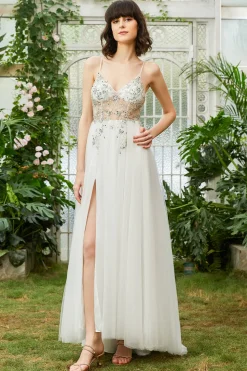 Tule Cintas de Espaguete Branco Vestido de Festa