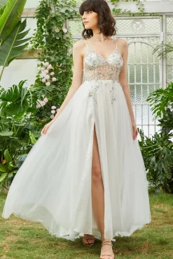 Tule Cintas de Espaguete Branco Vestido de Festa