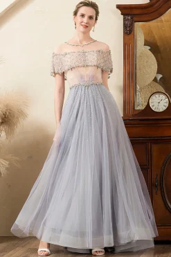 Tule Cinza Vestido Mãe de Noiva