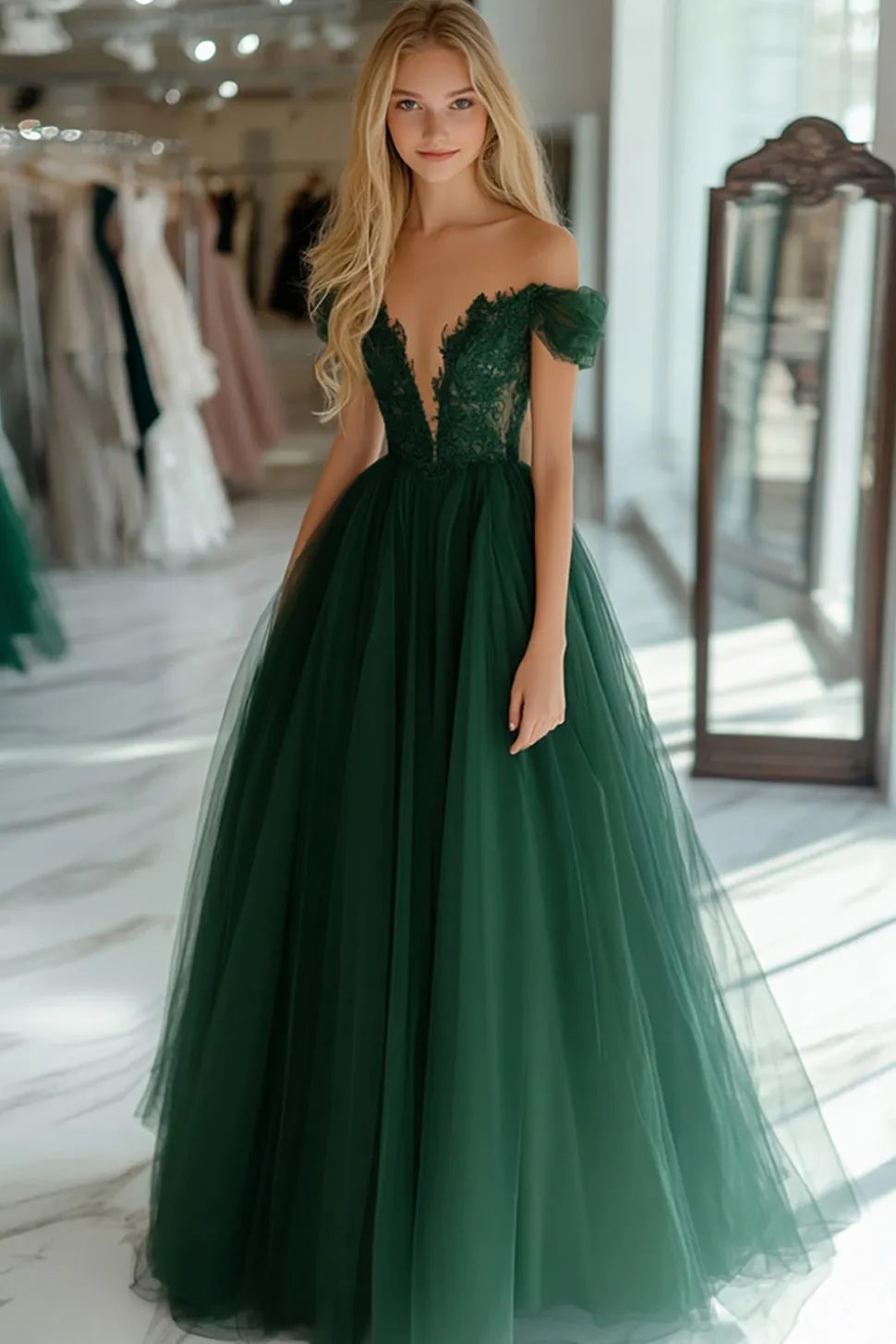 Tule da princesa verde escuro fora do ombro longo vestido de baile com apliques de renda