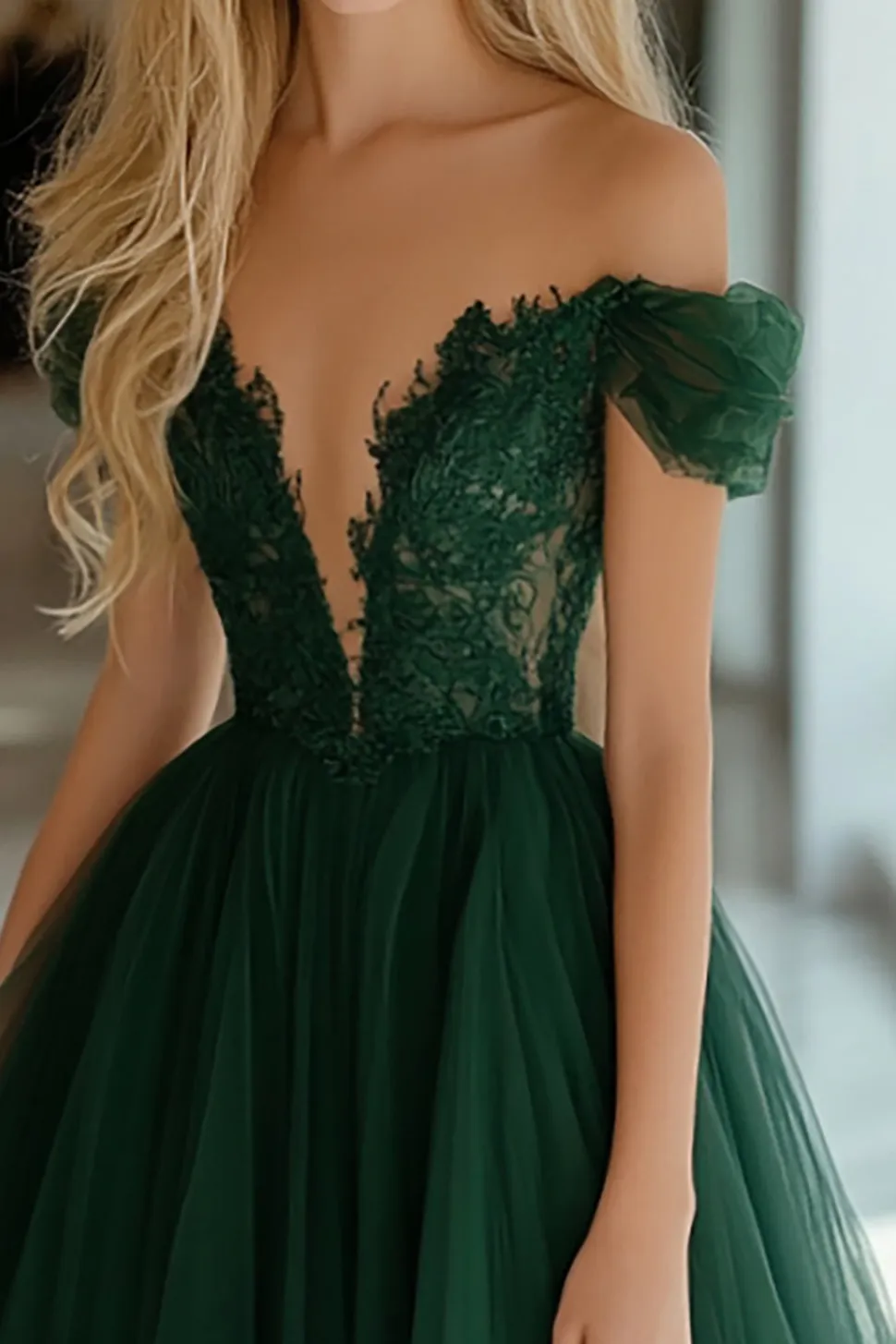 Tule da princesa verde escuro fora do ombro longo vestido de baile com apliques de renda