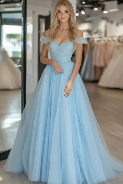 Tule de renda Uma linha céu azul fora do ombro vestido de baile