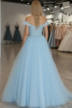 Tule de renda Uma linha céu azul fora do ombro vestido de baile