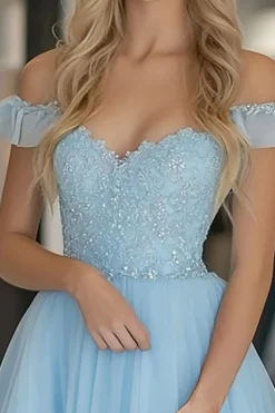 Tule de renda Uma linha céu azul fora do ombro vestido de baile