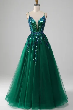 Tule Esparguete Correias Verde Escuro Vestido de Baile com Sequins