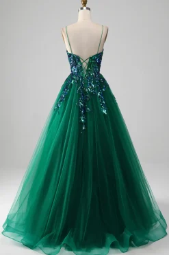 Tule Esparguete Correias Verde Escuro Vestido de Baile com Sequins