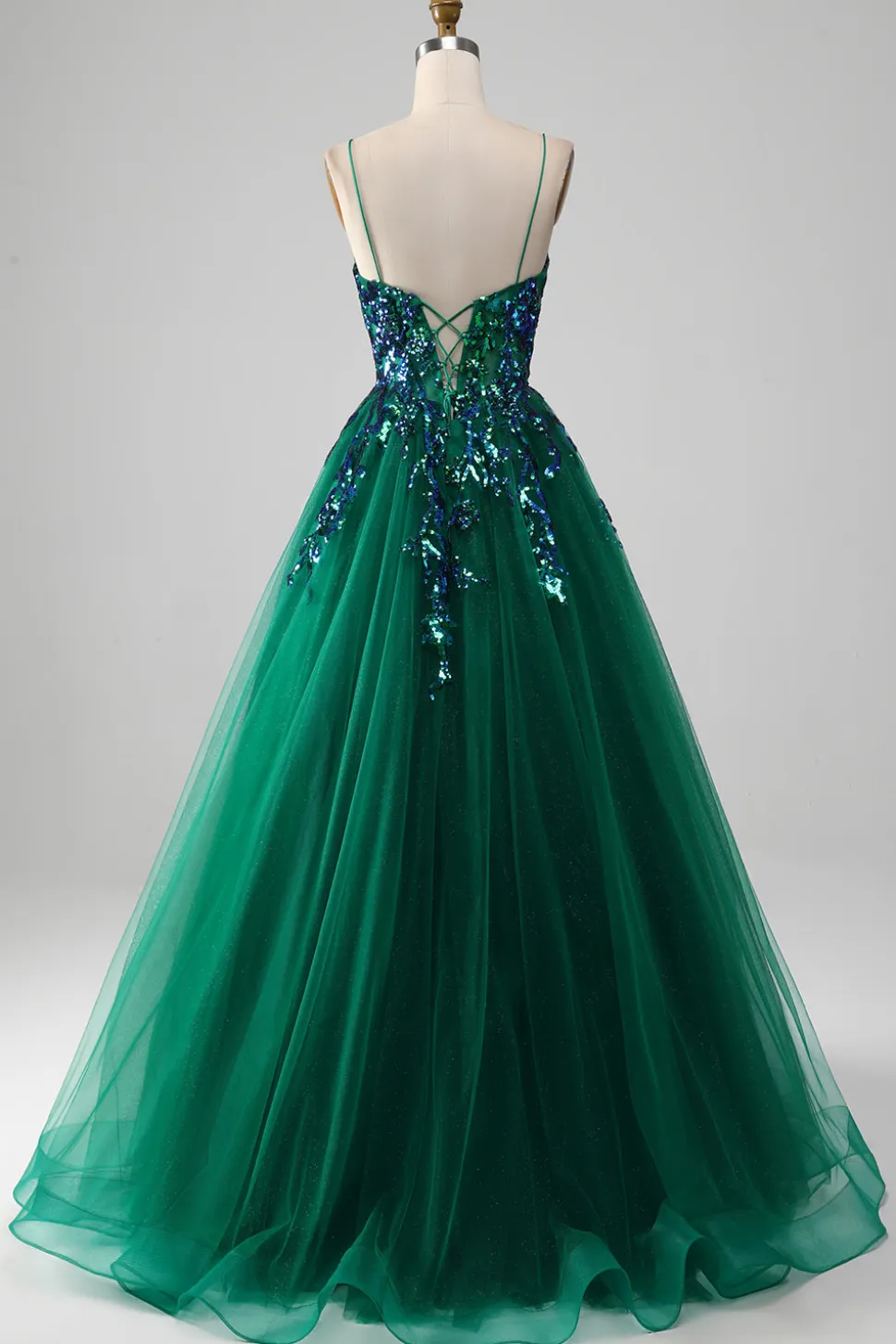 Tule Esparguete Correias Verde Escuro Vestido de Baile com Sequins