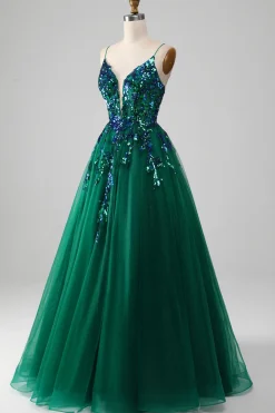 Tule Esparguete Correias Verde Escuro Vestido de Baile com Sequins
