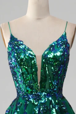 Tule Esparguete Correias Verde Escuro Vestido de Baile com Sequins