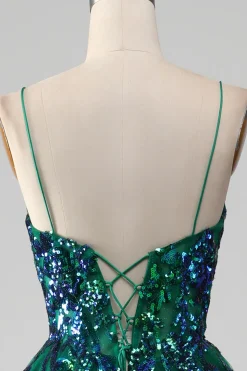 Tule Esparguete Correias Verde Escuro Vestido de Baile com Sequins
