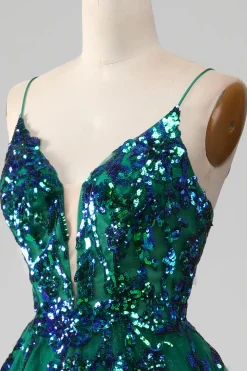 Tule Esparguete Correias Verde Escuro Vestido de Baile com Sequins