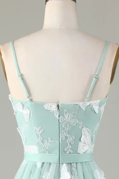 Tule Esparguete Correias Matcha Vestido Madrinha com Apliques