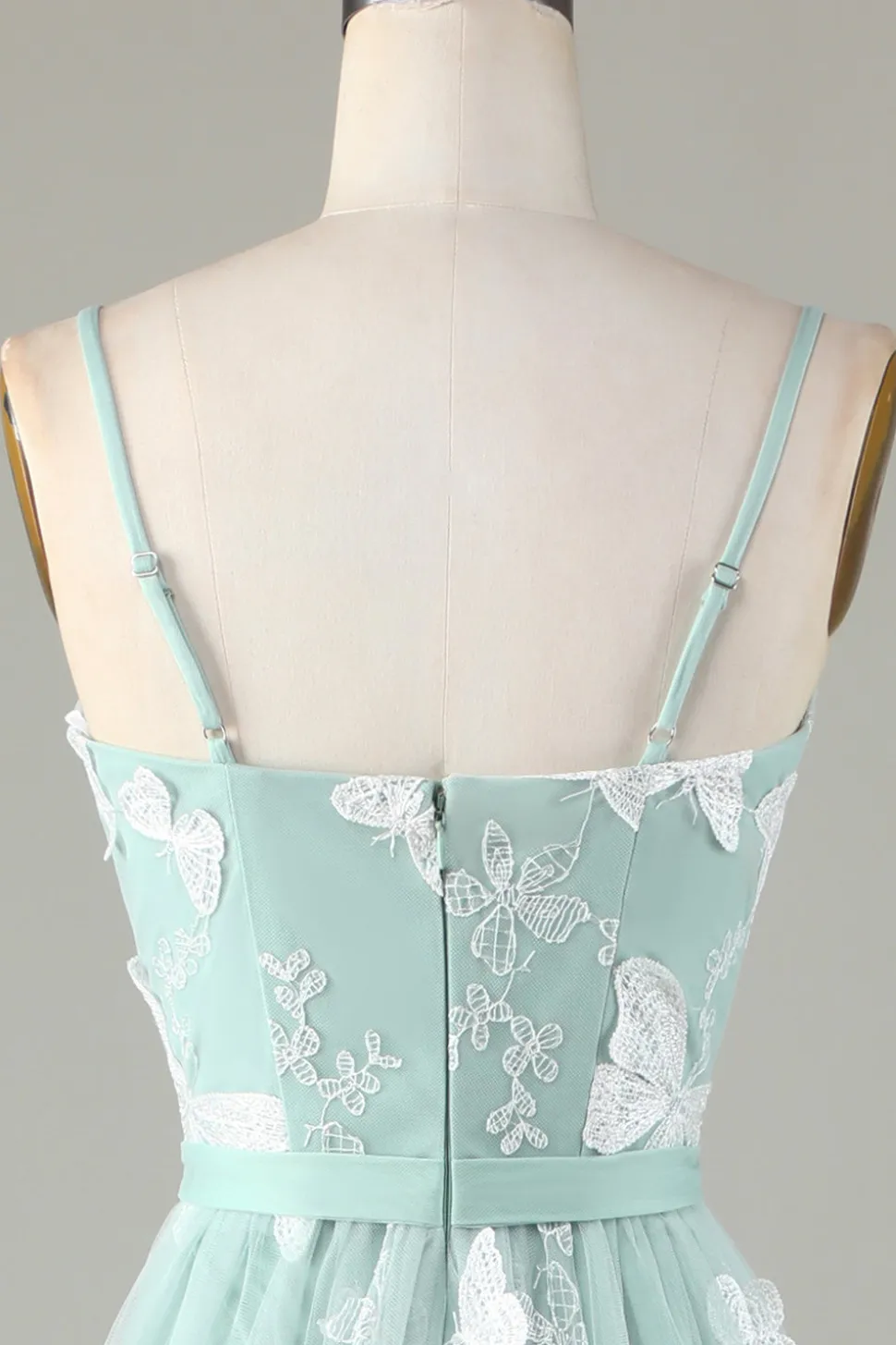 Tule Esparguete Correias Matcha Vestido Madrinha com Apliques
