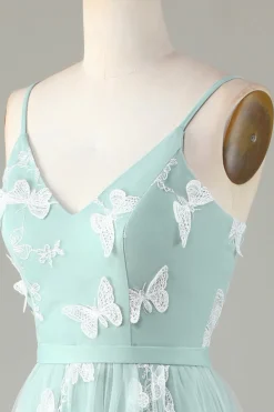 Tule Esparguete Correias Matcha Vestido Madrinha com Apliques