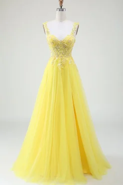 Tule frisado amarelo espartilho vestido de baile com fenda
