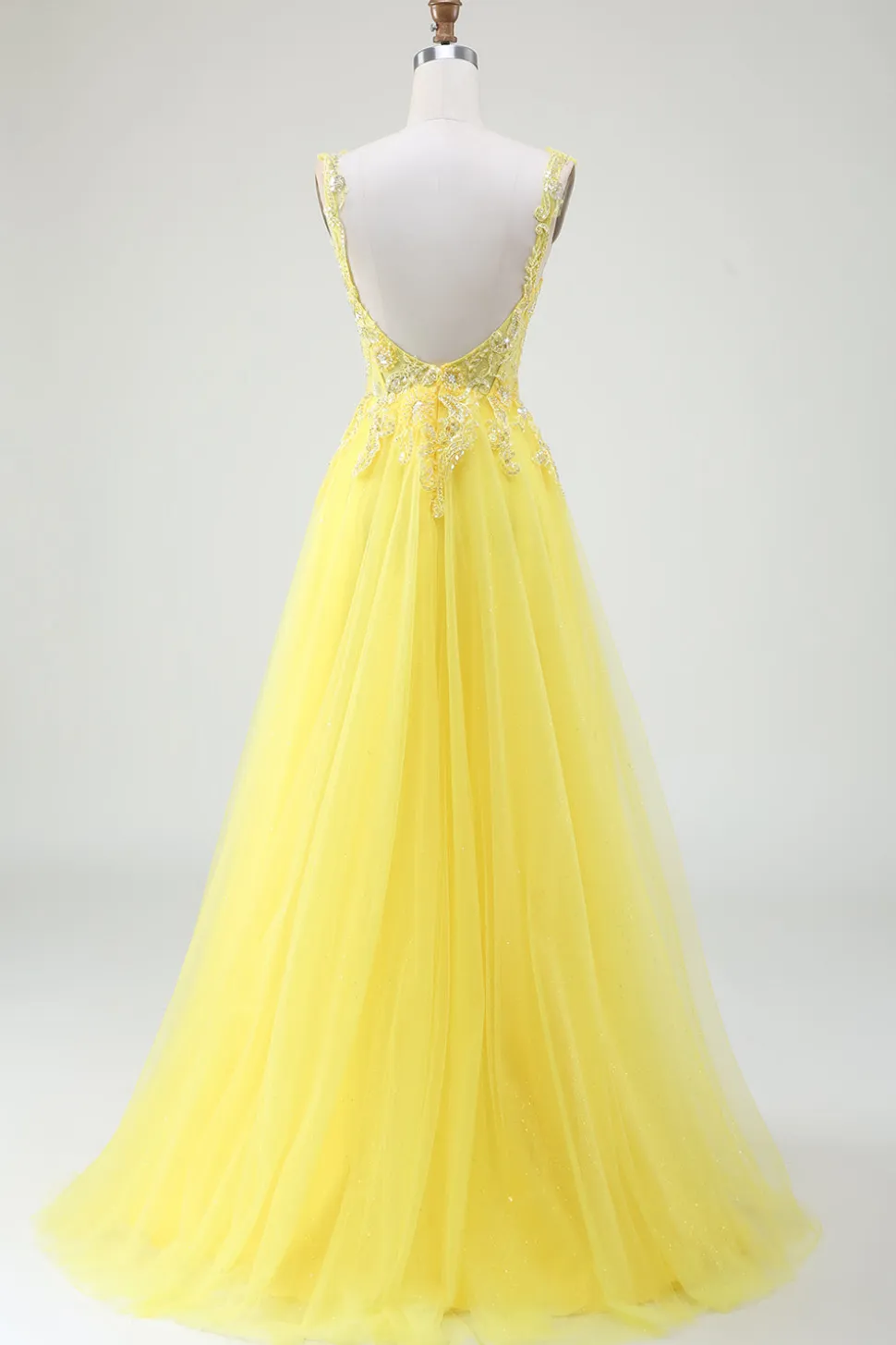 Tule frisado amarelo espartilho vestido de baile com fenda