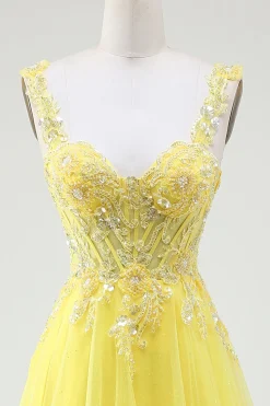 Tule frisado amarelo espartilho vestido de baile com fenda