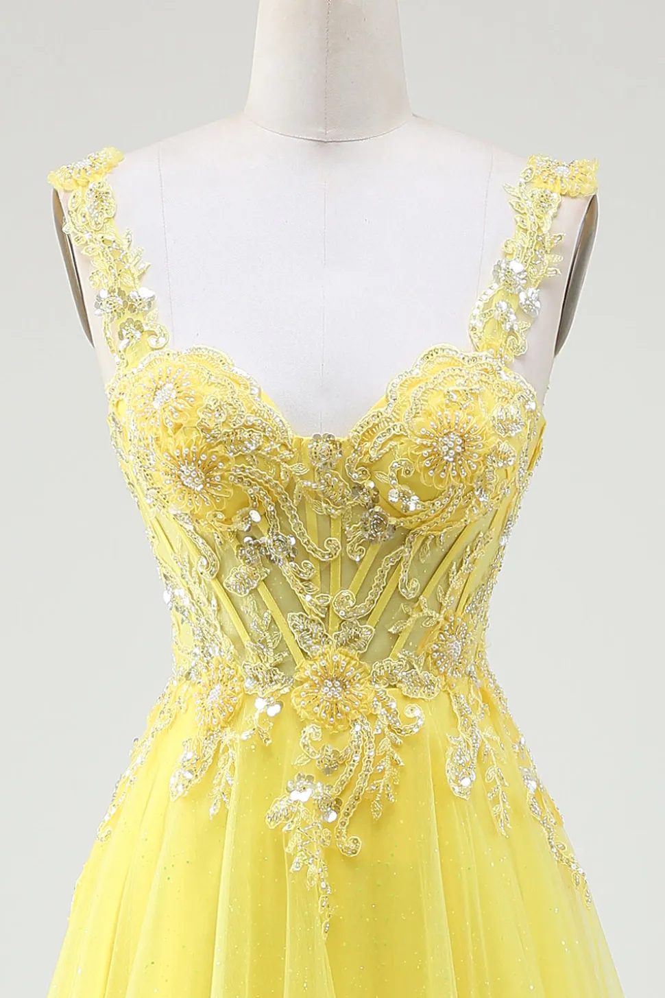 Tule frisado amarelo espartilho vestido de baile com fenda