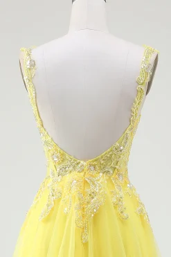 Tule frisado amarelo espartilho vestido de baile com fenda