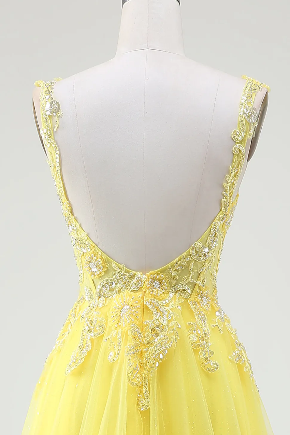 Tule frisado amarelo espartilho vestido de baile com fenda