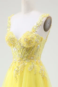 Tule frisado amarelo espartilho vestido de baile com fenda