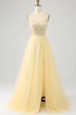 Tule frisado claro amarelo vestido de baile com fenda