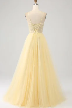 Tule frisado claro amarelo vestido de baile com fenda
