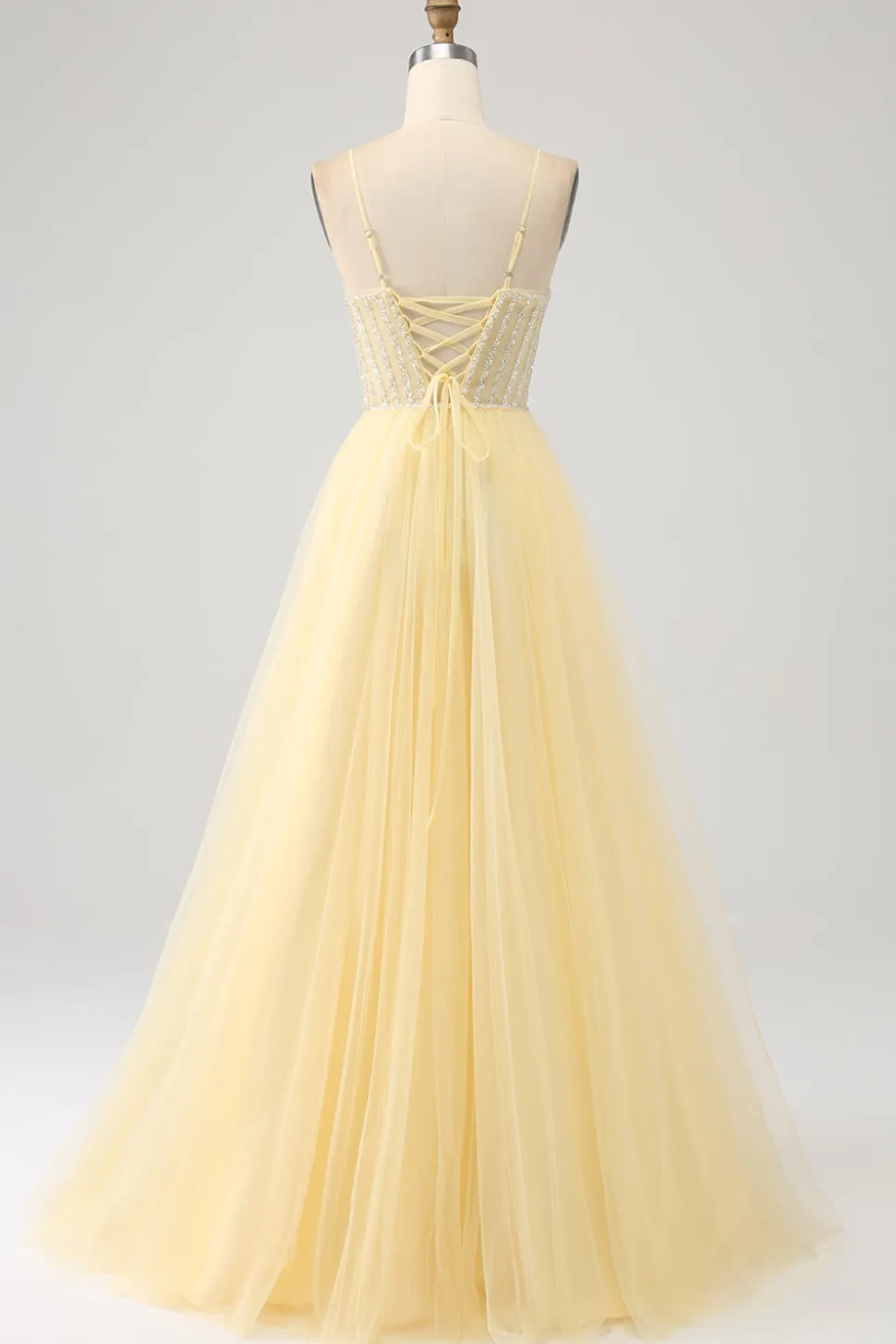 Tule frisado claro amarelo vestido de baile com fenda
