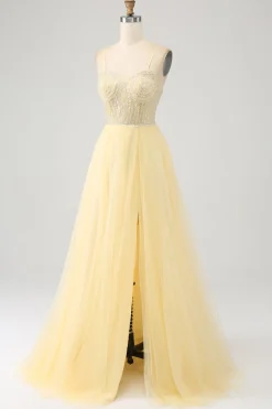 Tule frisado claro amarelo vestido de baile com fenda