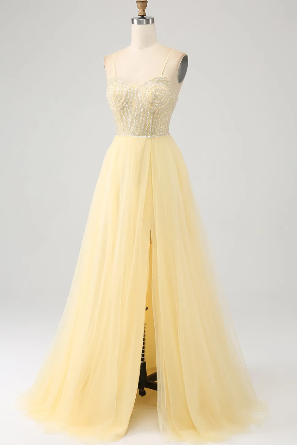 Tule frisado claro amarelo vestido de baile com fenda
