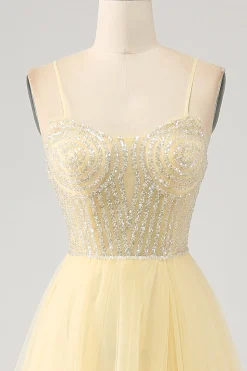 Tule frisado claro amarelo vestido de baile com fenda