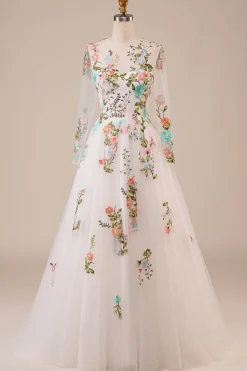 Tule mangas compridas longo vestido de noiva de marfim com bordado