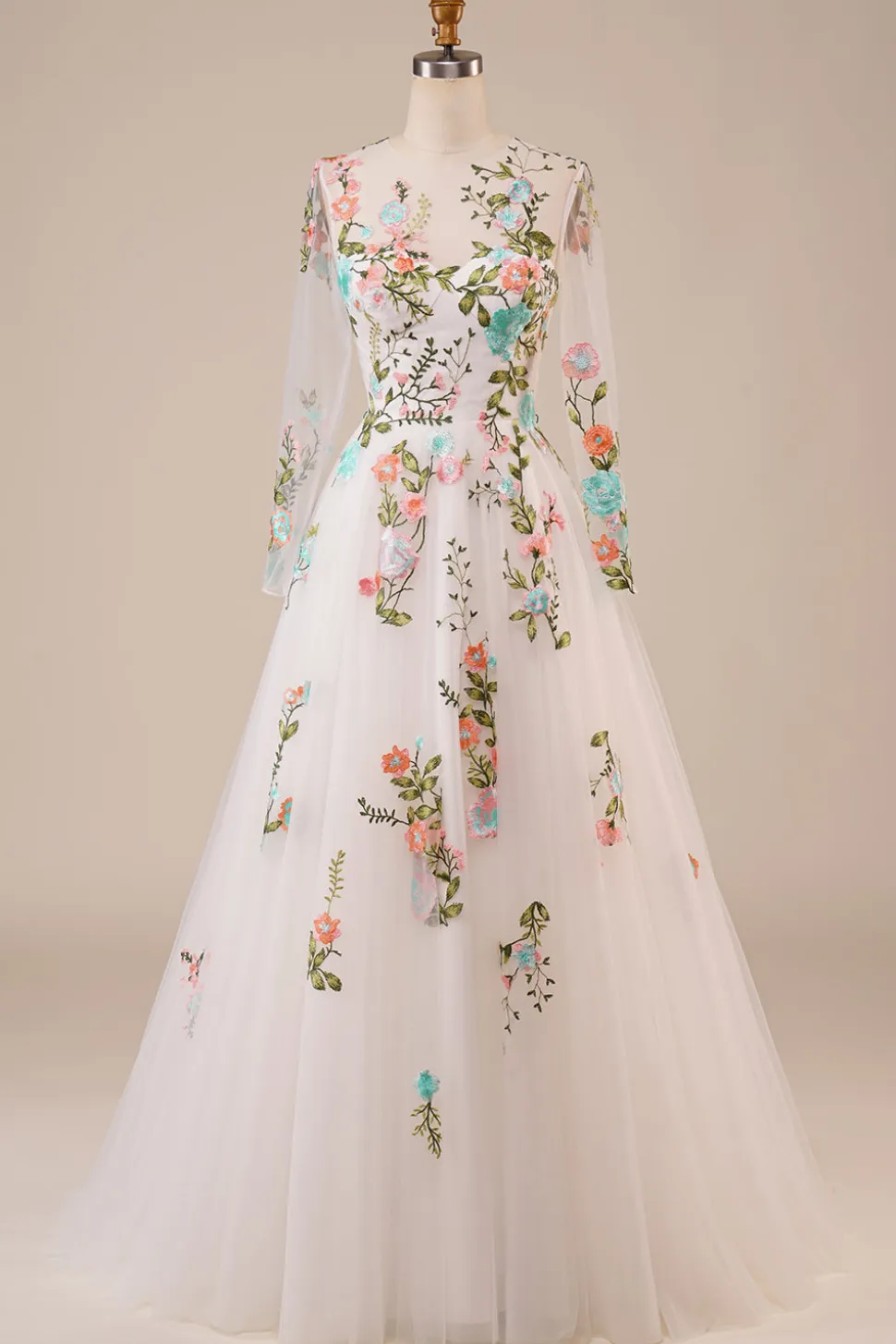 Tule mangas compridas longo vestido de noiva de marfim com bordado