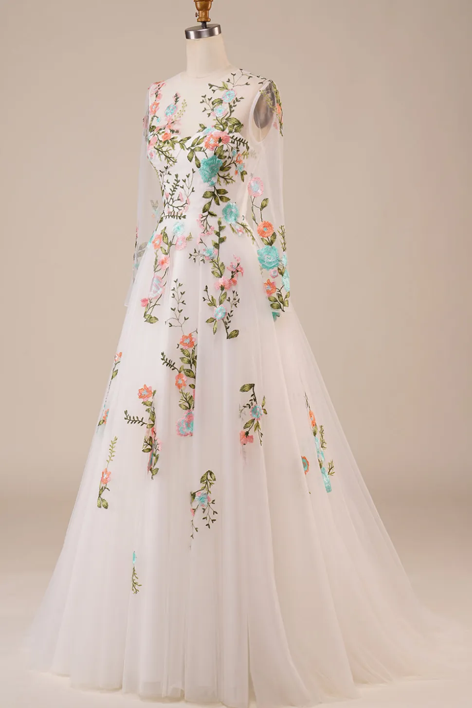 Tule mangas compridas longo vestido de noiva de marfim com bordado
