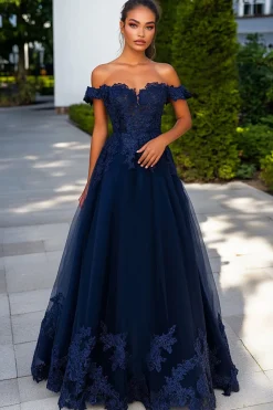 Tule Marinho Fora do Ombro A-Line Long Prom Dress com Appliques