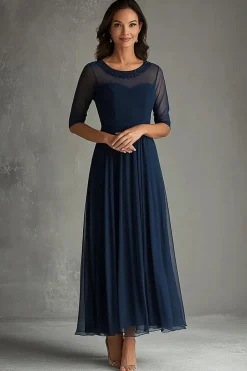 Tule Marinho Linha-A Meias Mangas Plissado Longo Vestido Mae Noiva