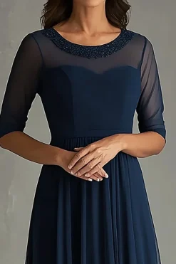 Tule Marinho Linha-A Meias Mangas Plissado Longo Vestido Mae Noiva