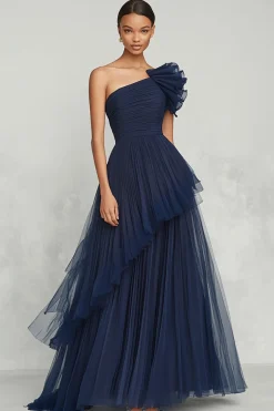 Tule Marinho Linha-A Um Ombro Longo Vestidos Cerimónia