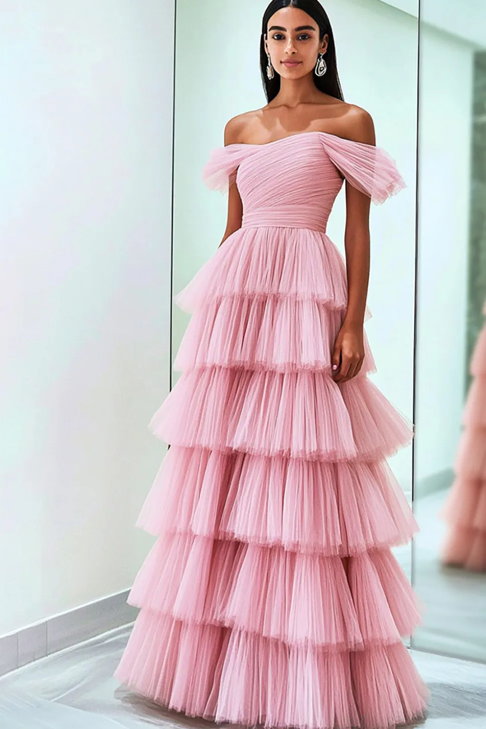 Tule plissado Uma linha fora do ombro rosa vestido de baile