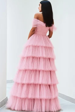 Tule plissado Uma linha fora do ombro rosa vestido de baile